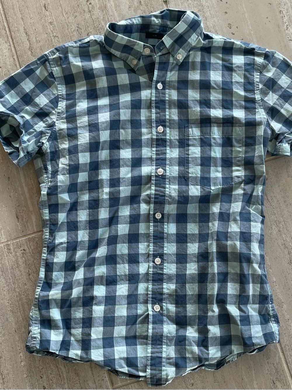 J. Crew Men's Blue Green Gingham Short-Sleeve Button-Down Shirt